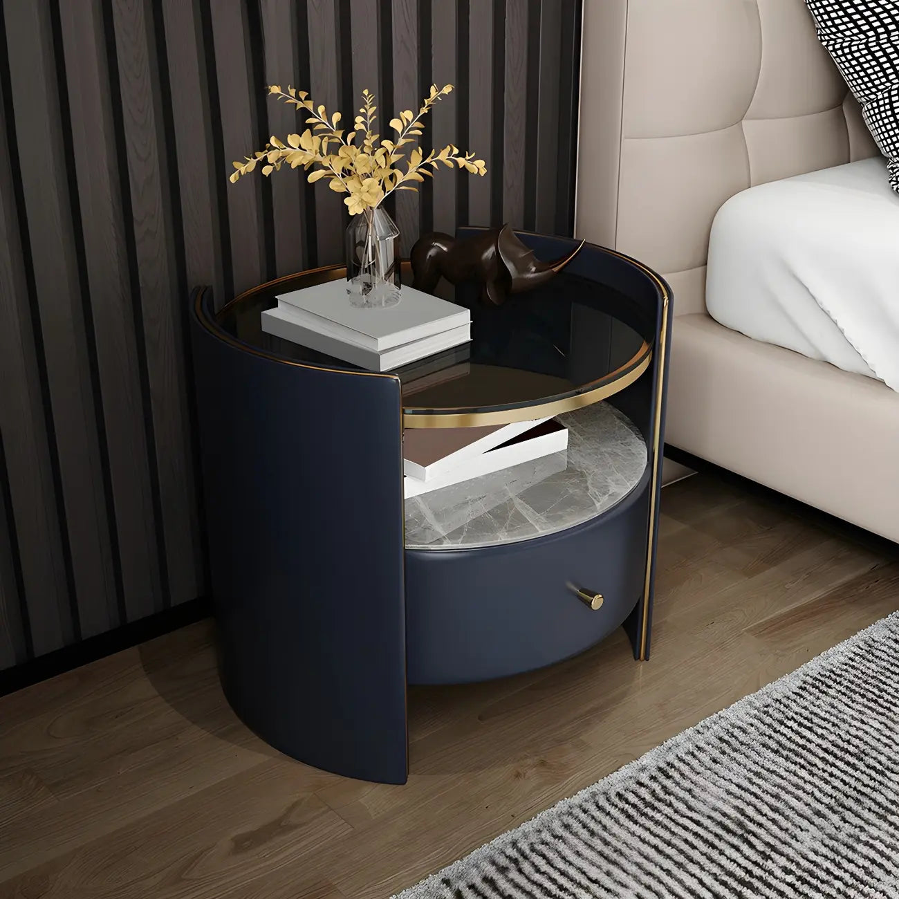 Comodino di Lusso con Piano in Vetro, Cassetto Contenitore e Vano Aperto