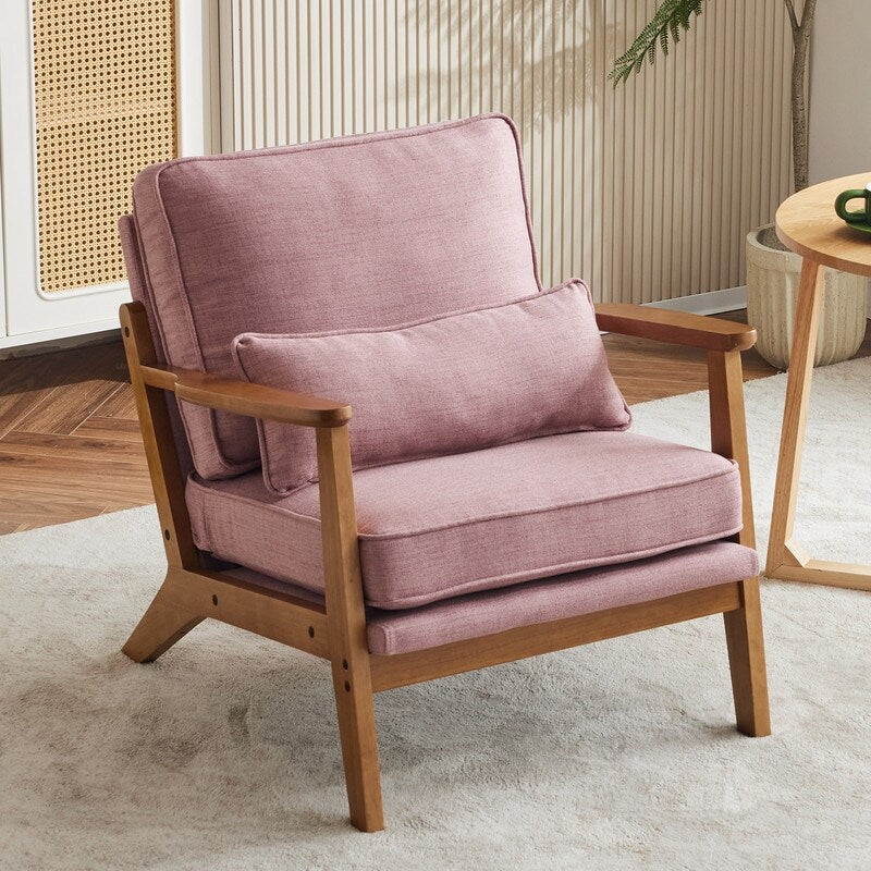 Poltrona d'accento rivestita in misto lino con gambe in legno e un cuscino, beige