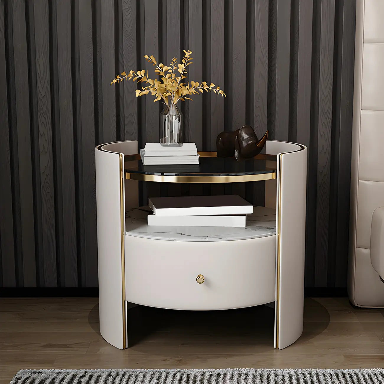 Comodino di Lusso con Piano in Vetro, Cassetto Contenitore e Vano Aperto