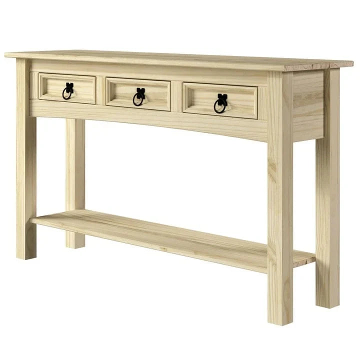 Tavolo Consolle Rustico in Pino Massiccio per Ingresso, Bianco Decapato / Marrone Antico / Grigio Decapato / Non Verniciato, 3 Cassetti