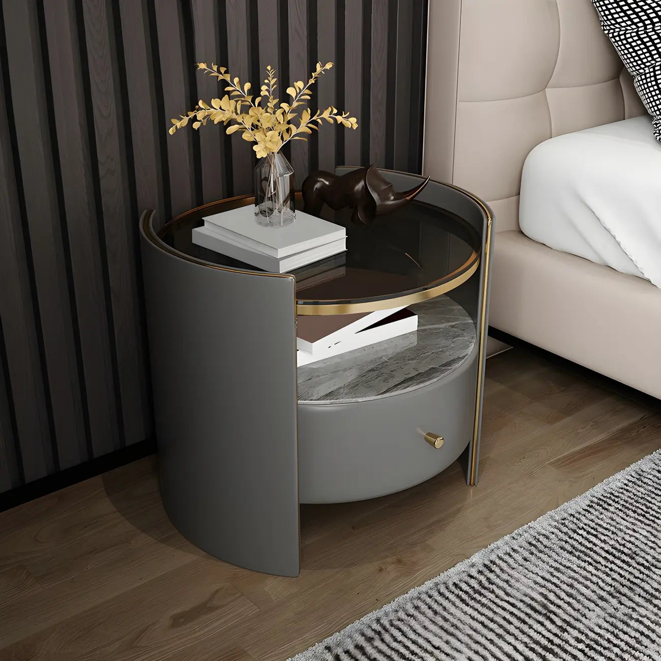 Comodino di Lusso con Piano in Vetro, Cassetto Contenitore e Vano Aperto