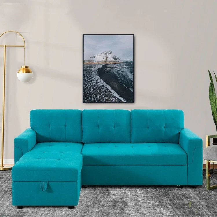 Divano sezionale reversibile con letto estraibile, chaise longue con contenitore nascosto, gambe durevoli,