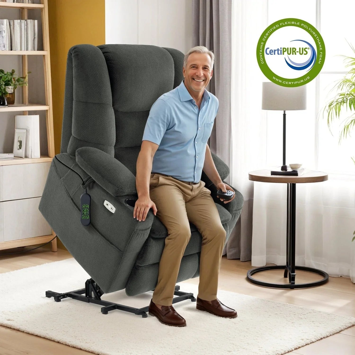 MCombo Poltrona Reclinabile Grande e Larga a Due Motori con Funzione Alzapersona, Massaggio e Doppio Riscaldamento, per Anziani Robusti e Alti, Tessuto R7635