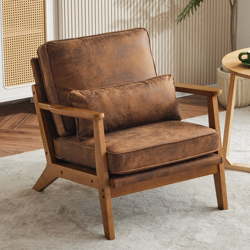 Poltrona d'accento rivestita in misto lino con gambe in legno e un cuscino, beige