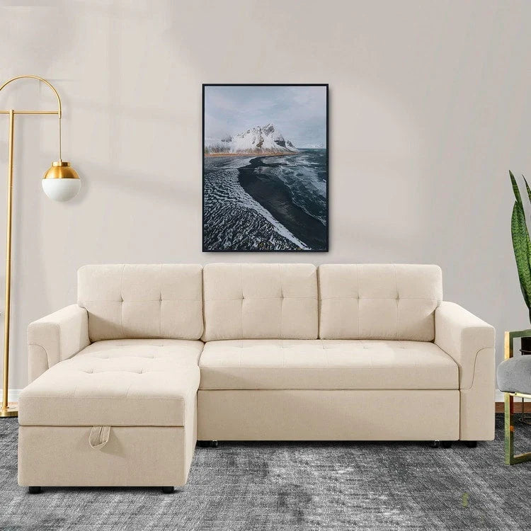 Divano sezionale reversibile con letto estraibile, chaise longue con contenitore nascosto, gambe durevoli,