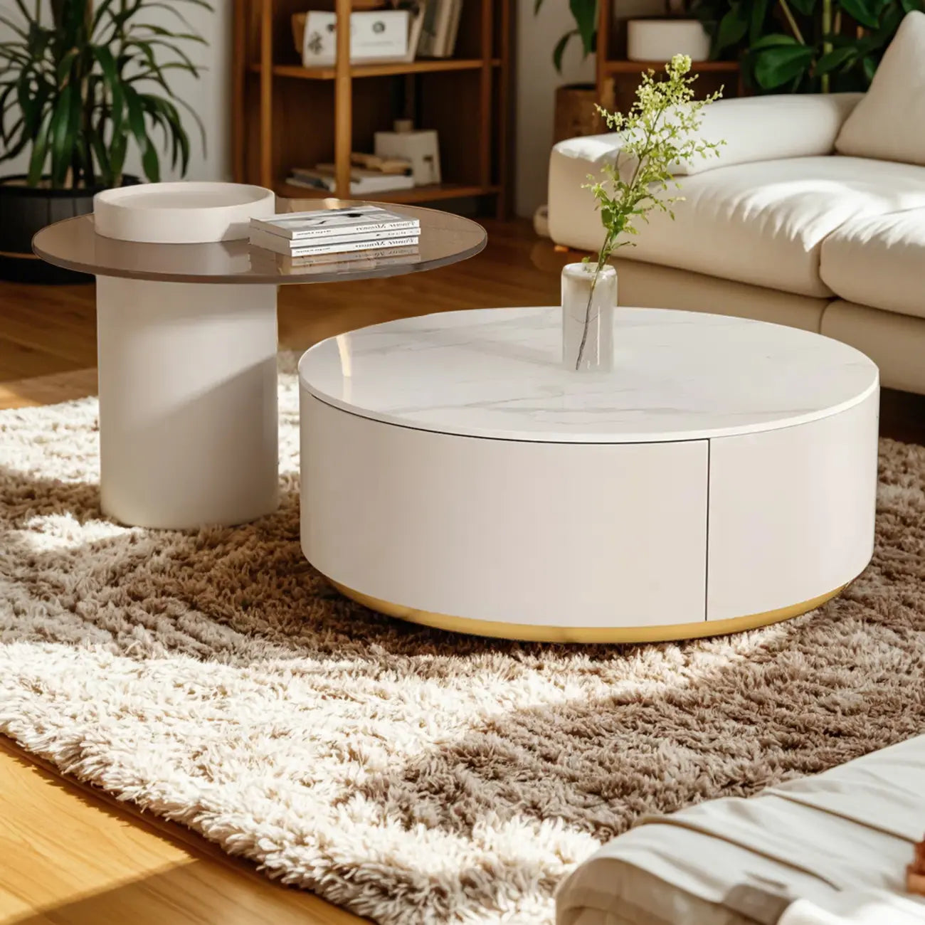 Tavolino da Caffè Rotondo Moderno Bianco in Legno con Cassetto a Tamburo