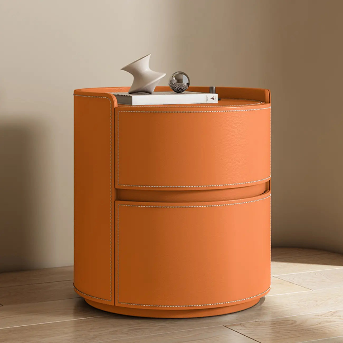 Comodino rotondo a 2 cassetti in pelle moderna