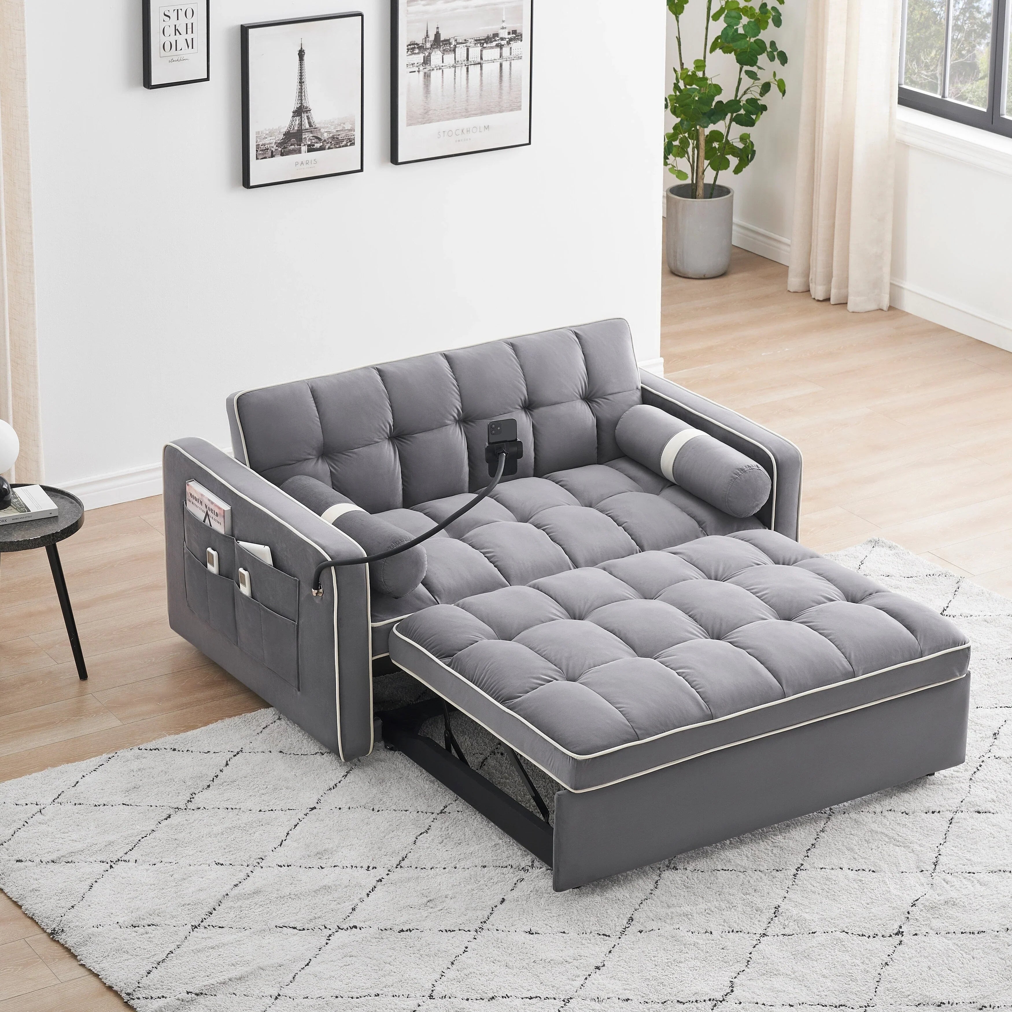 Divano letto trasformabile a 2 posti in velluto da 140 cm con letto estraibile, reclinabile, tasche laterali e supporto per telefono