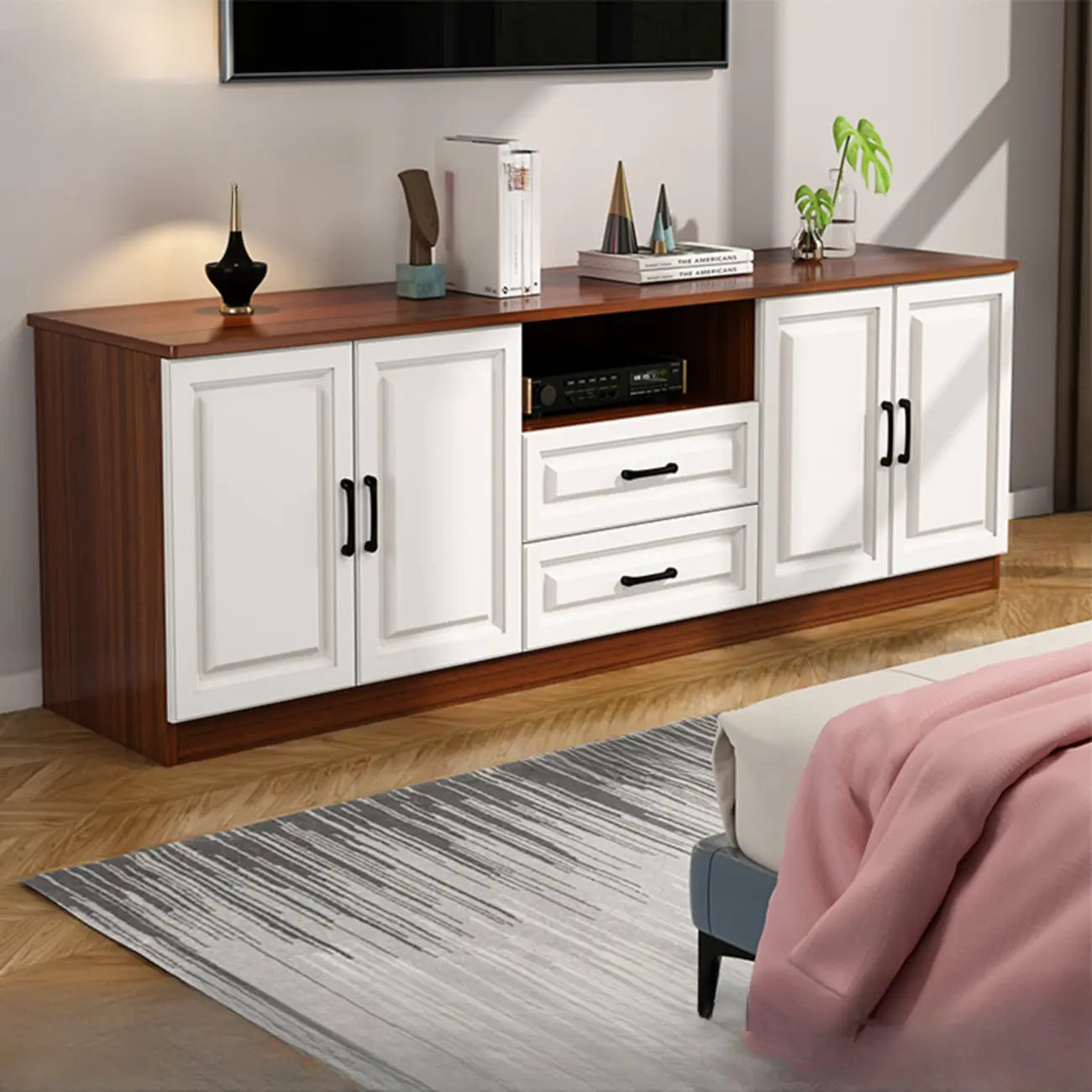 Mobile TV Moderno in Legno Bianco con Contenitore e Gestione Cavi