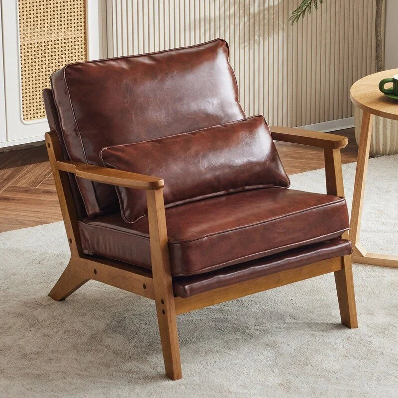 Poltrona d'accento rivestita in misto lino con gambe in legno e un cuscino, beige