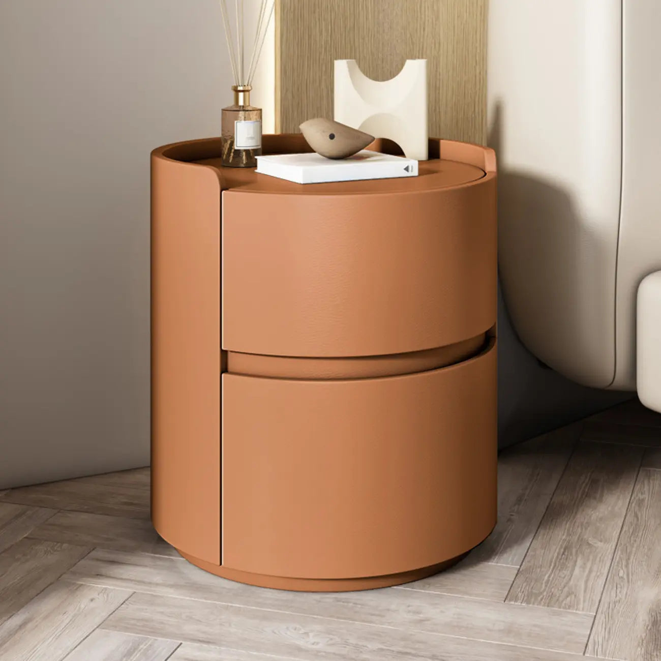 Comodino rotondo a 2 cassetti in pelle moderna