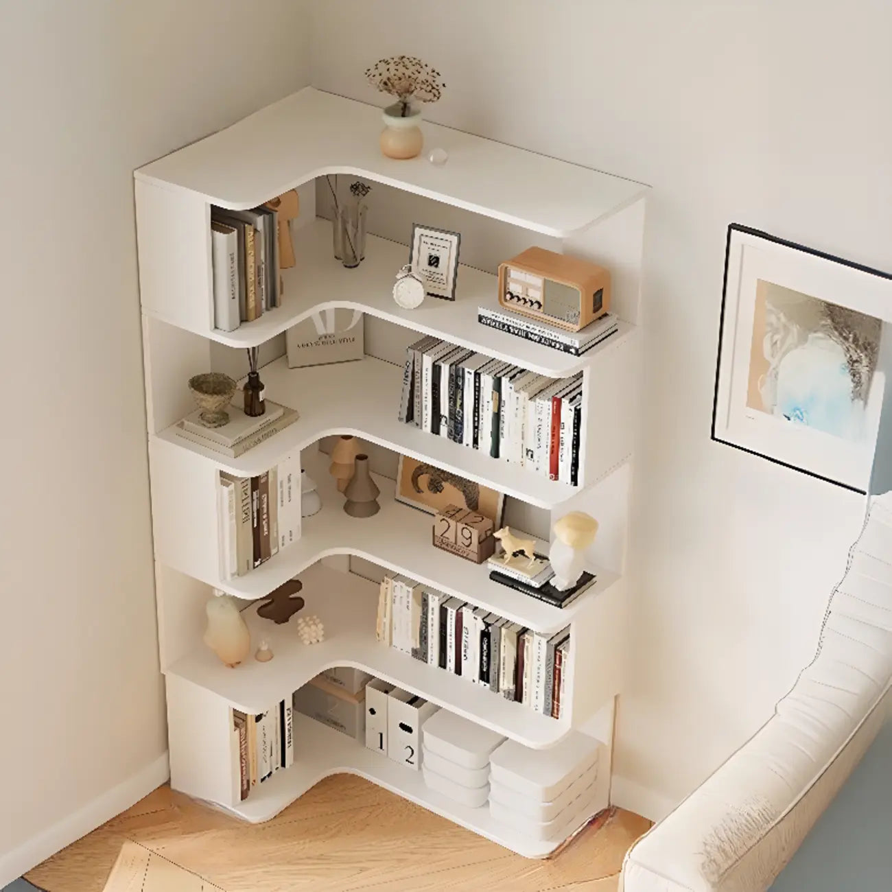 Libreria ad angolo in legno multistrato con 6 ripiani