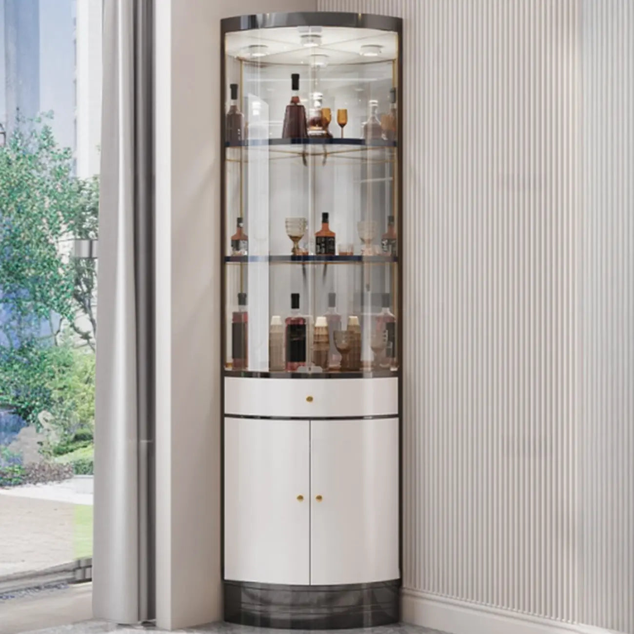 Mobile Bar Angolare con Scaffali Multipli in Vetro e Metallo per Esposizione