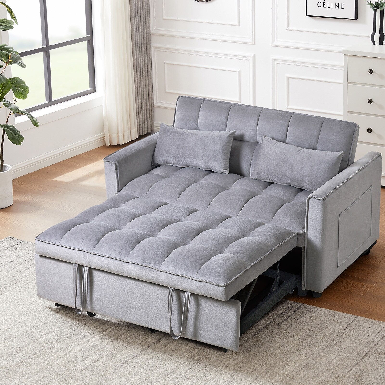 Moderno divano letto estraibile, divano letto 3-in-1 con schienale regolabile, divanetto in velluto, cuscini e tasche laterali